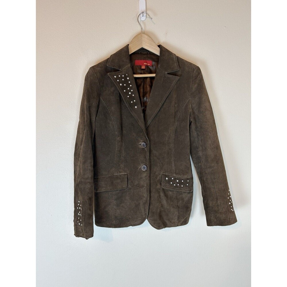 Vintage Y2K M Suede Leather Jacket Blazer Brown Studded Embellished Button Coat